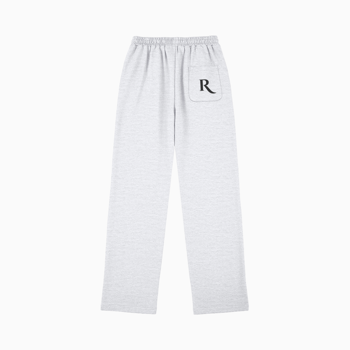 Light Gray sweatpants with a 'R' back pocket print on a white background 