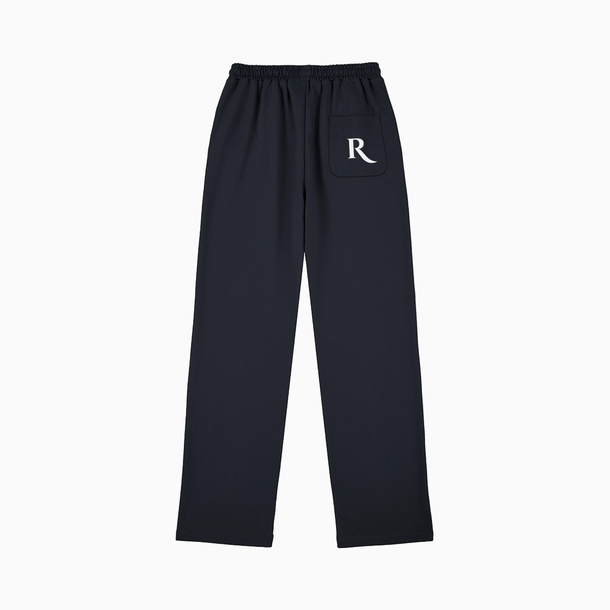 Navy Blue sweatpants with a 'R' back pocket print on a white background 