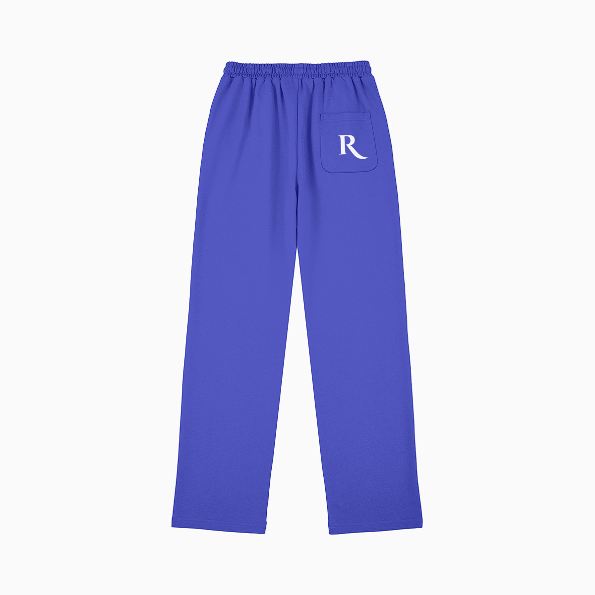Electric Blue pants with a 'R' back pocket print on a white background 